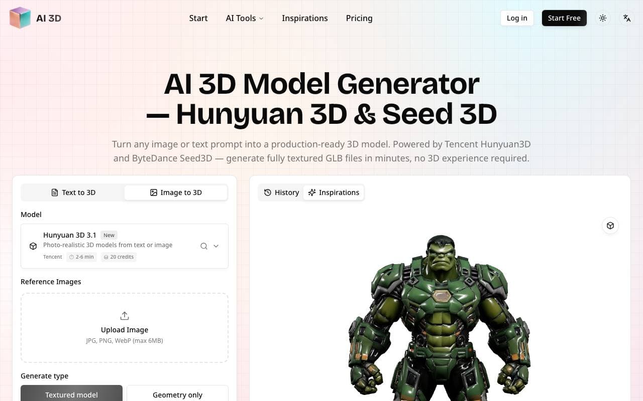 AI 3D Model Generator (Hunyuan 3D & Seed 3D) interface preview