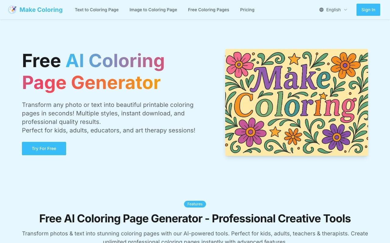 AI Coloring Pages Generator interface preview