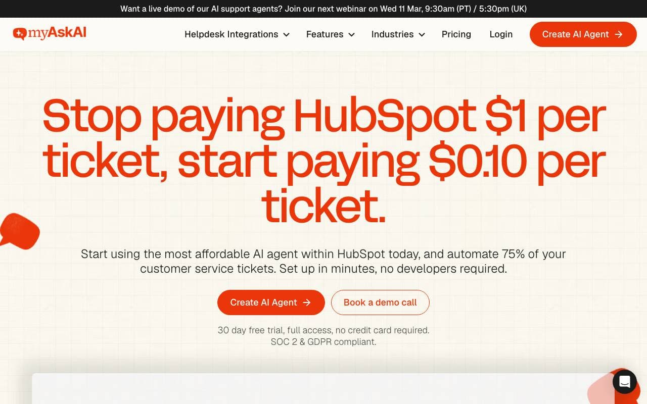AI Hubspot Support Agent interface preview
