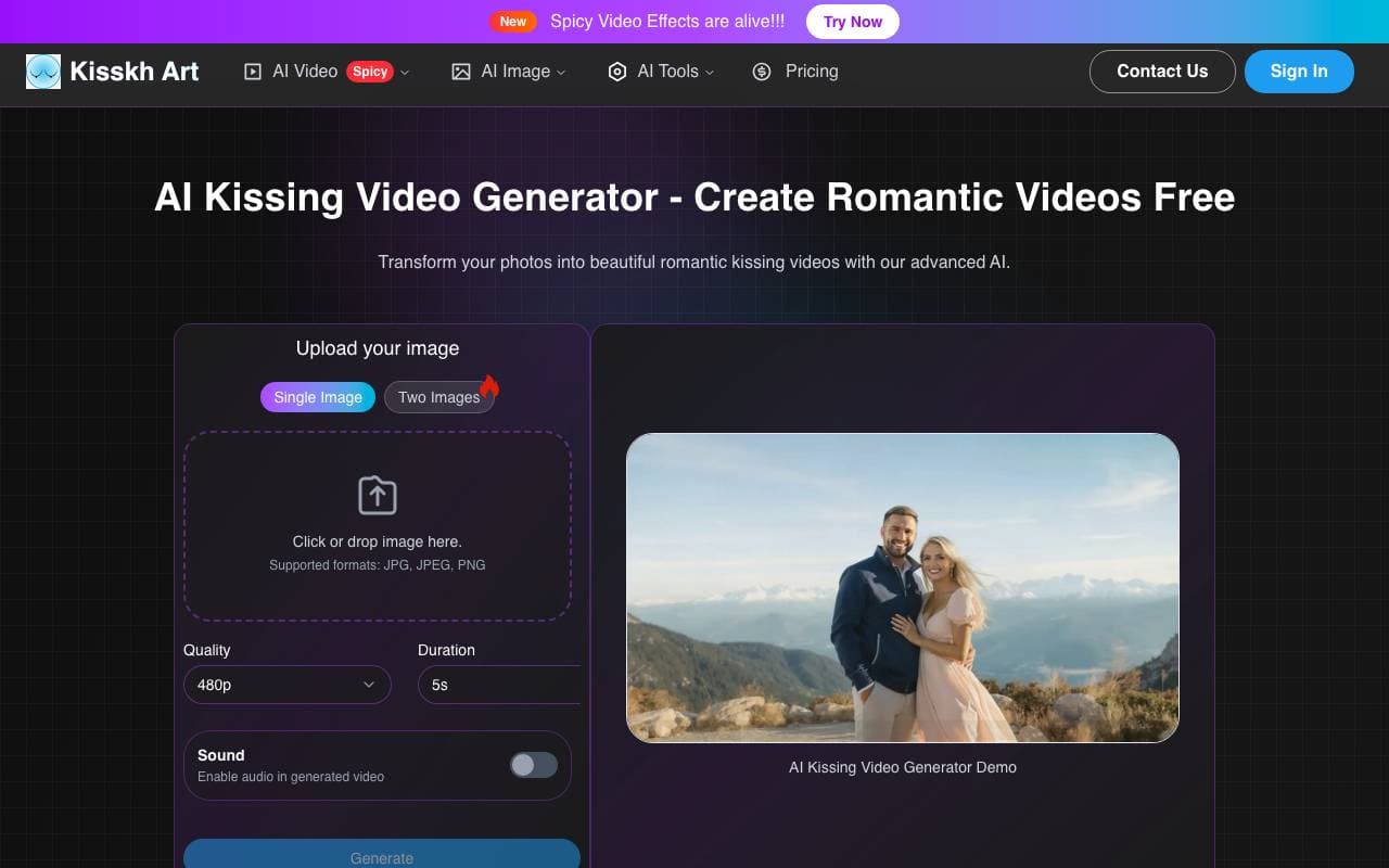 AI Kissing video generator interface preview
