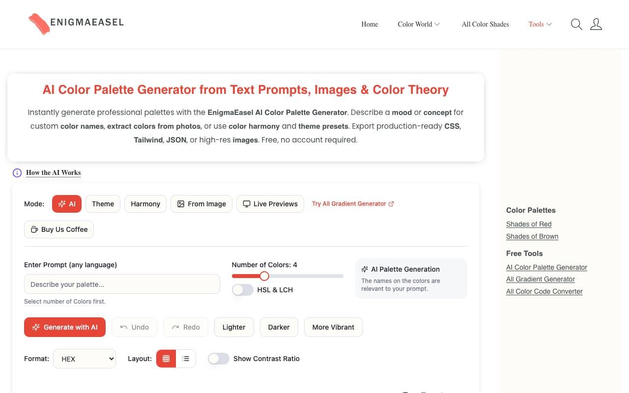 EnigmaEasel - AI Color Palette Generator interface preview
