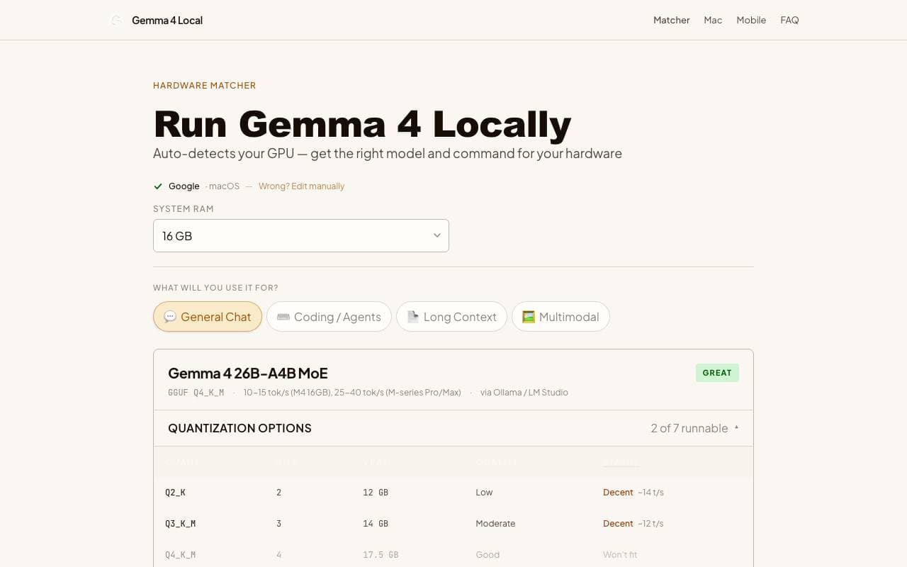 Gemma 4 Local Hardware Matcher interface preview