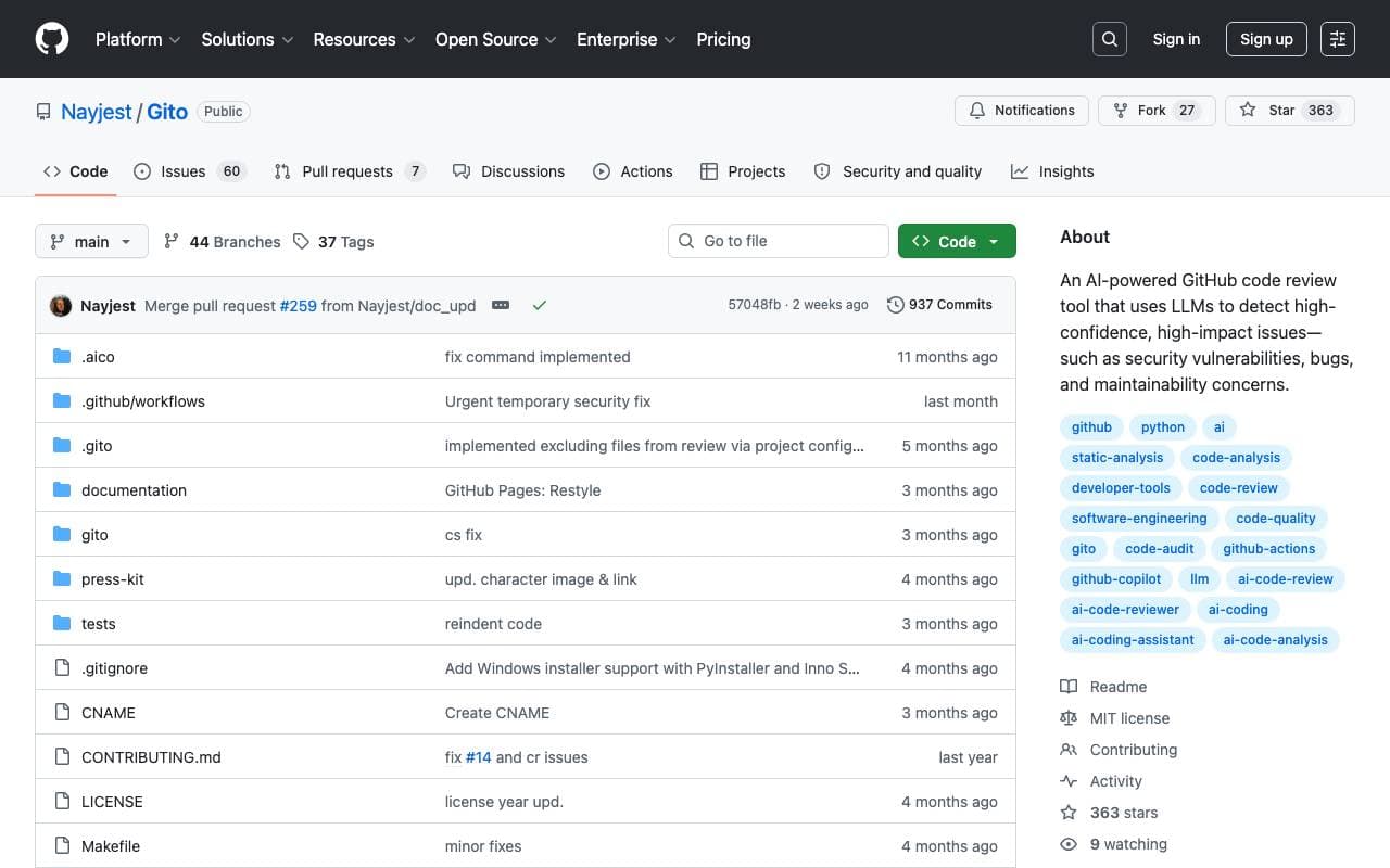 Gito: AI Code Reviewer interface preview