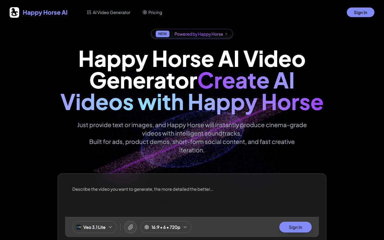 Happy Horse AI Video Generator interface preview