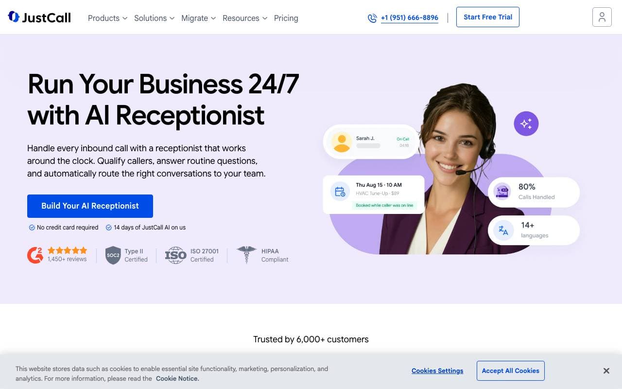 JustCall AI Receptionist interface preview
