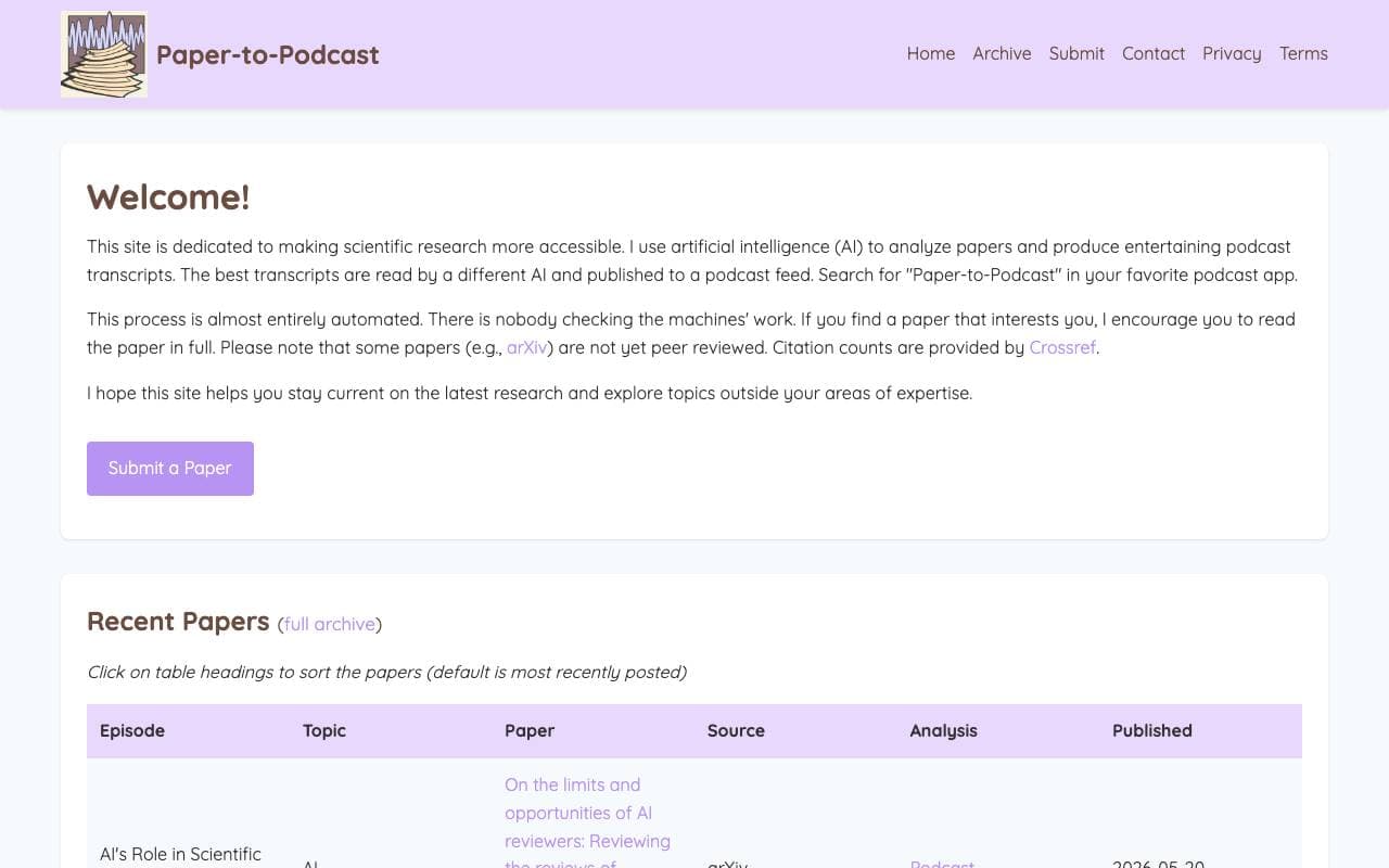 Paper-to-Podcast interface preview