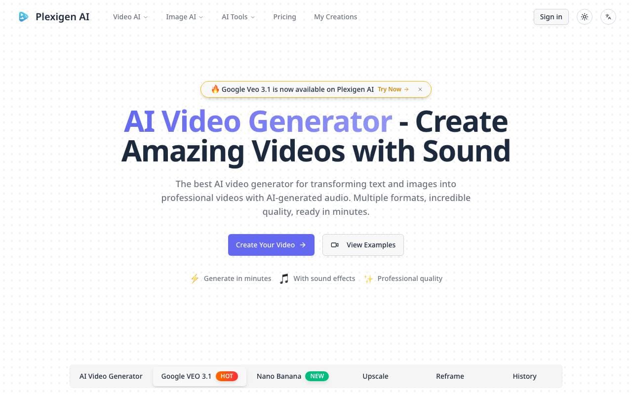 Plexigen AI - AI Video Generator with Sound interface preview