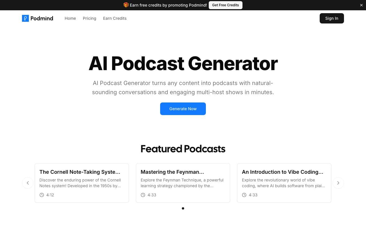 PodMind AI Podcast Generator interface preview