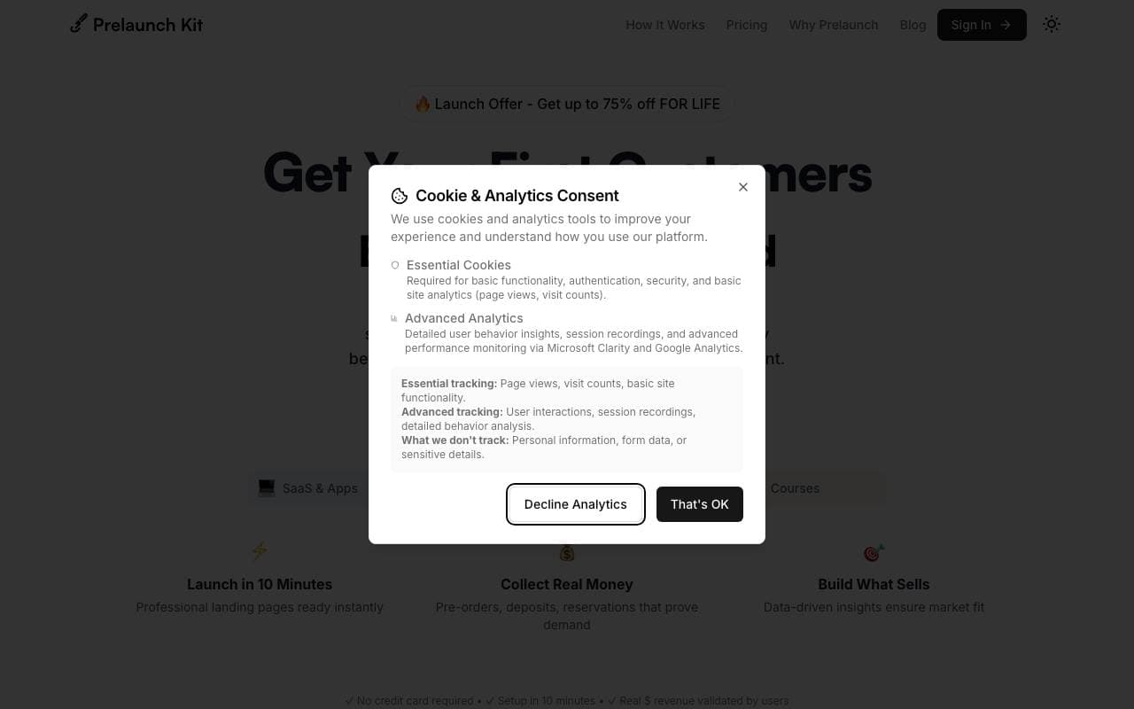Prelaunch Kit interface preview