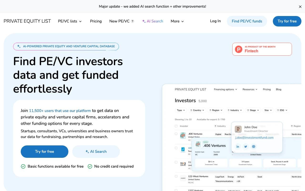Private Equity List interface preview