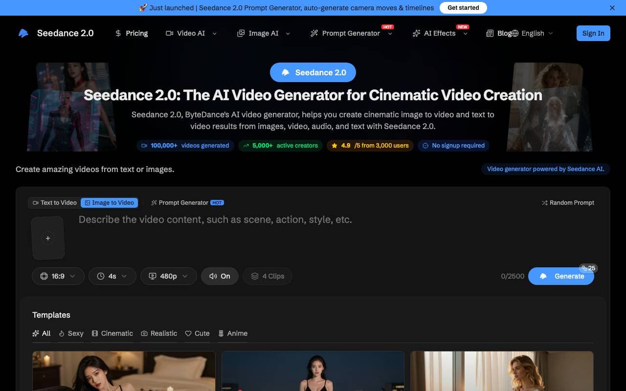 Seedance 2.0 — AI Video Generator interface preview