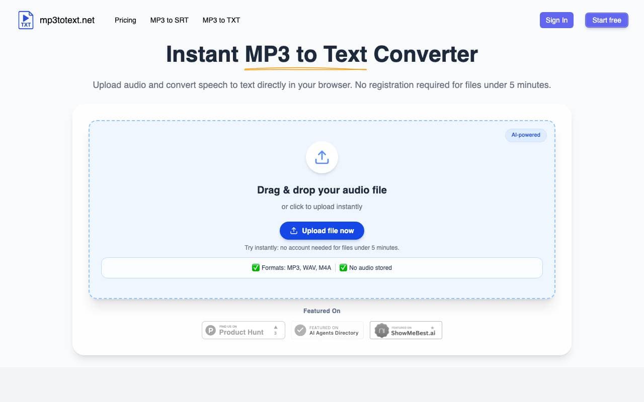 Simple MP3 to Text interface preview