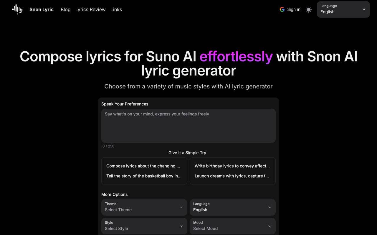 Snon Lyric interface preview