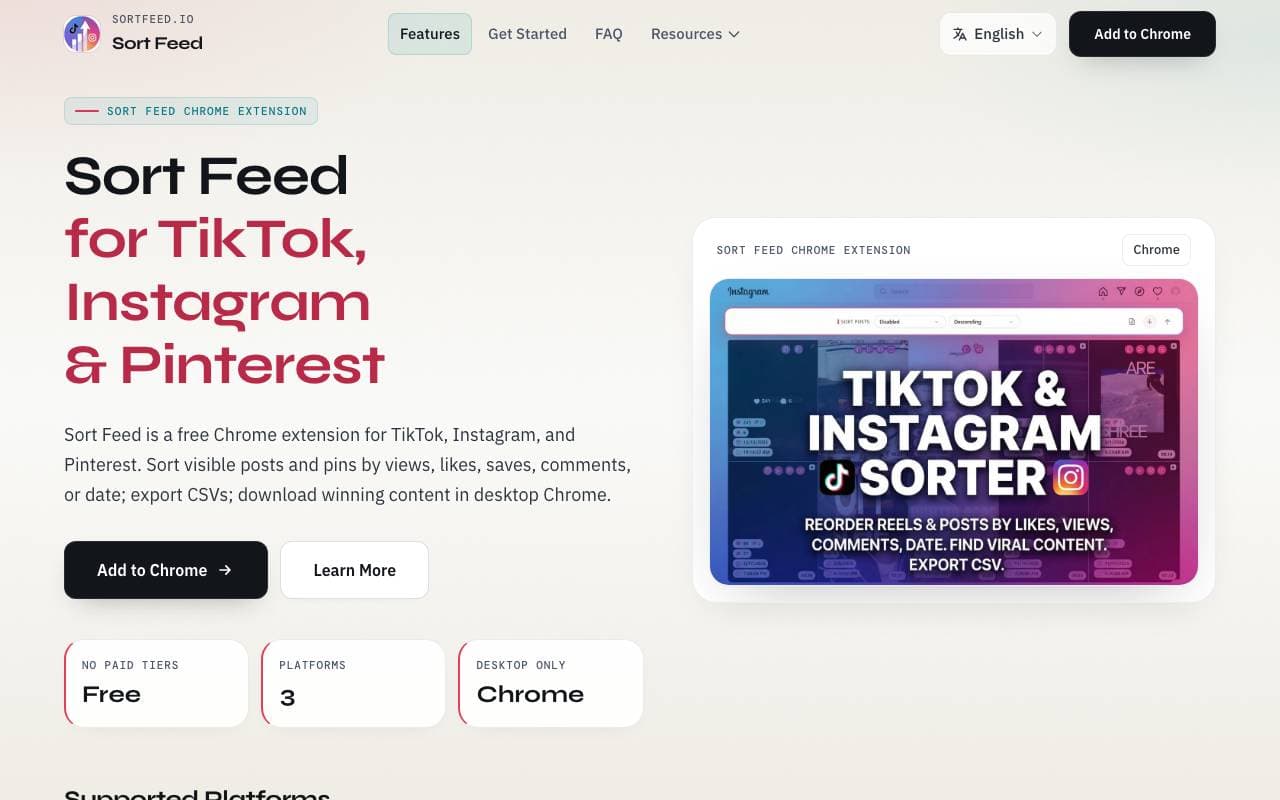 Sort Feed for TikTok and Instagram interface preview