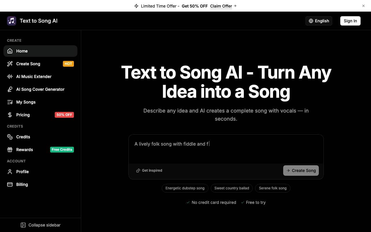 Text to Song AI interface preview