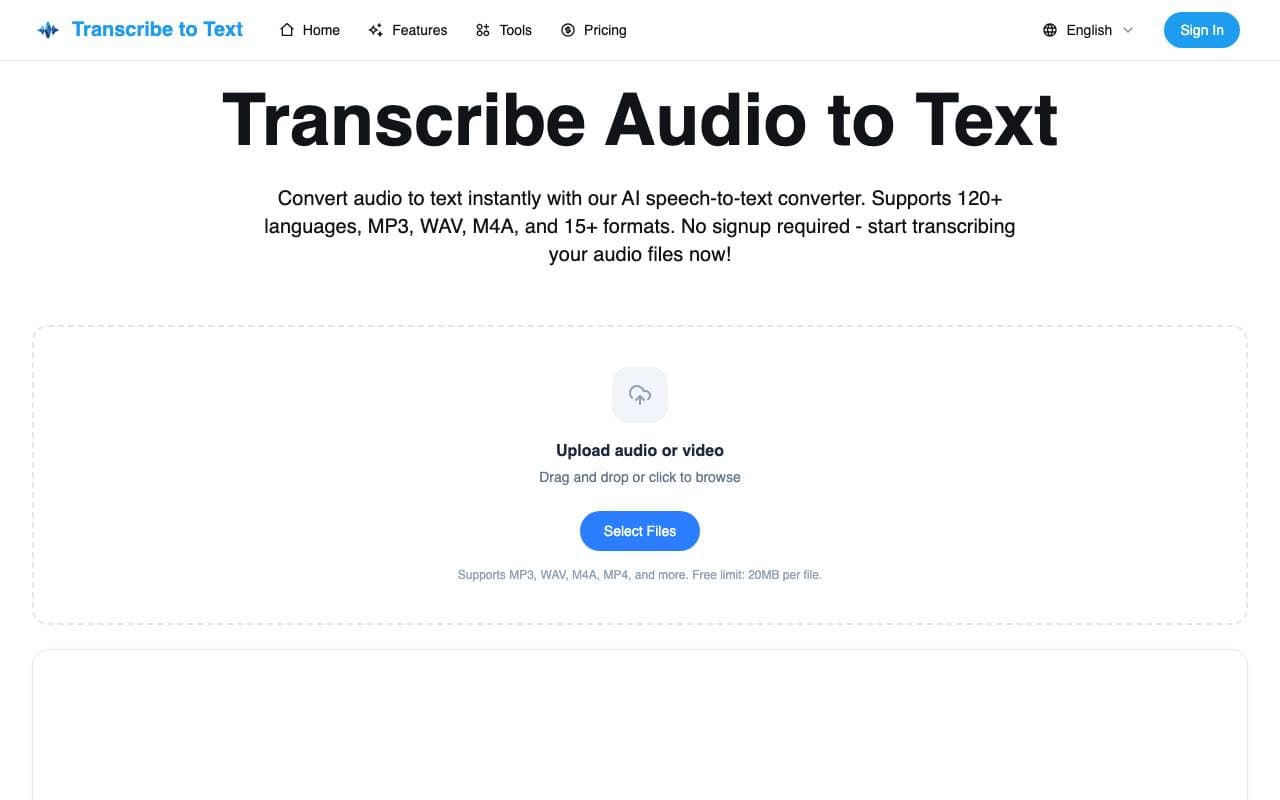 Transcribe Audio to Text interface preview