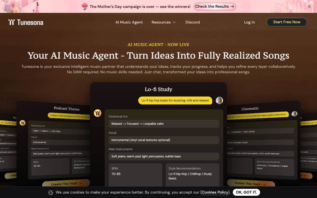 Tunesona AI Music Agent interface preview