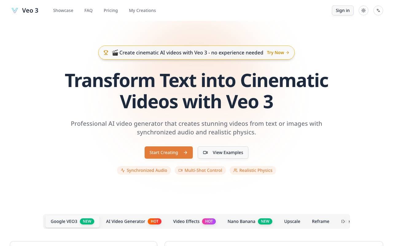 Veo 3.1 - Cinematic AI Video Generator with Audio interface preview