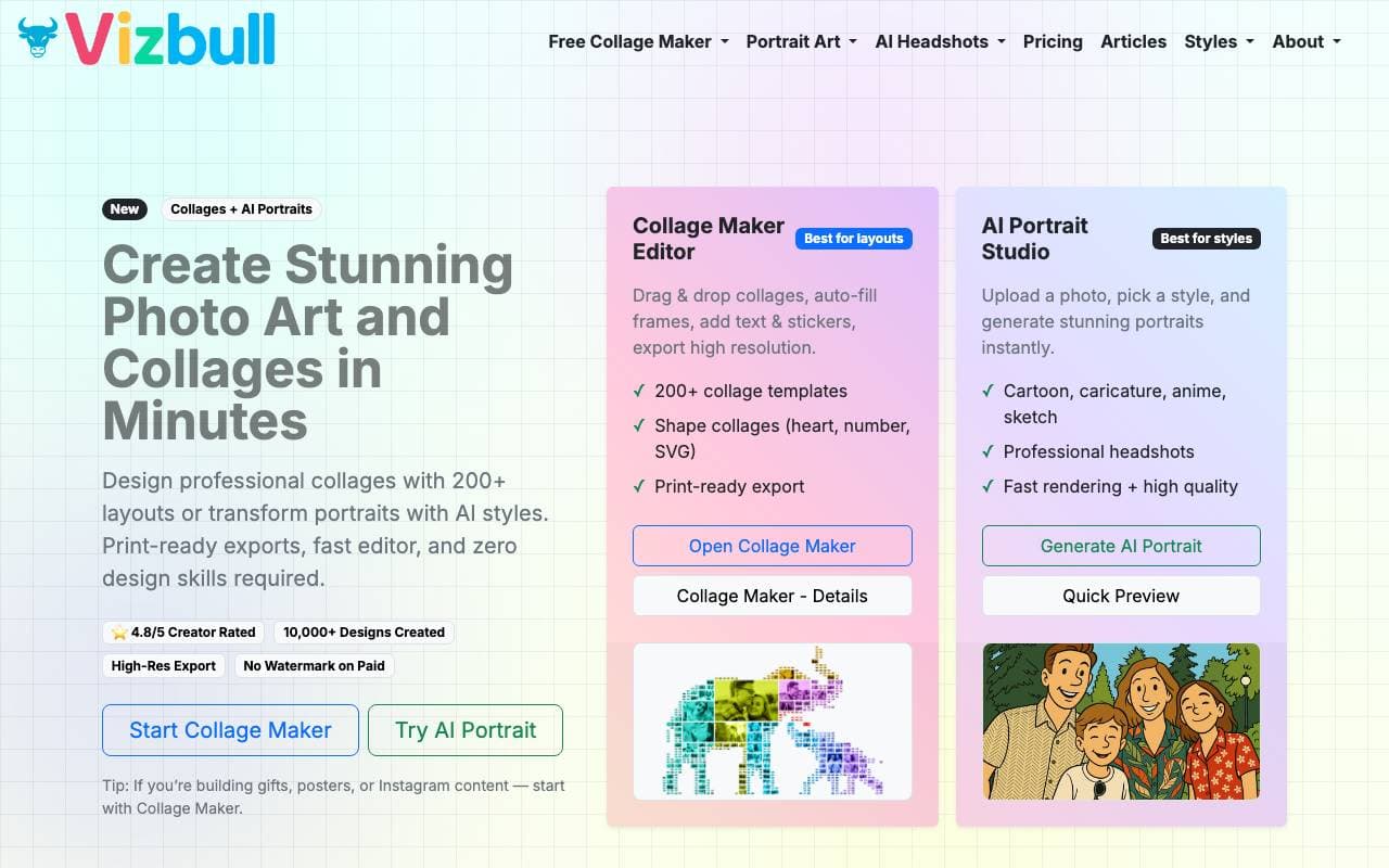 Vizbull – AI Portrait & Art Generator interface preview