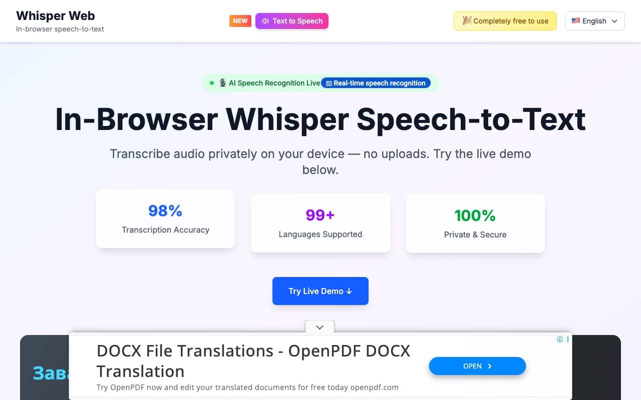 Whisper Web Text-to-Speech interface preview
