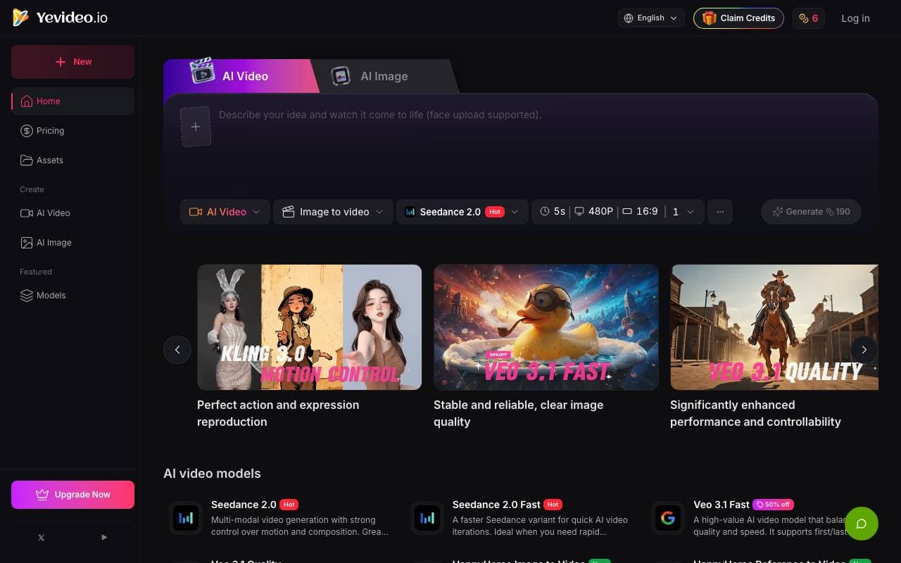 Yevideo - AI Video and Image interface preview