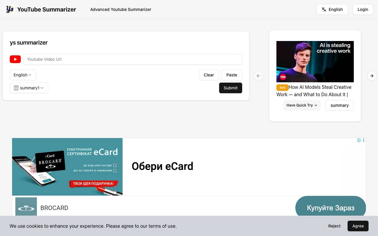 Youtube Sumamrizer interface preview